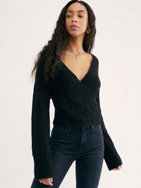 Free People Black Surplice Wrap Sweater Cropped Size XS